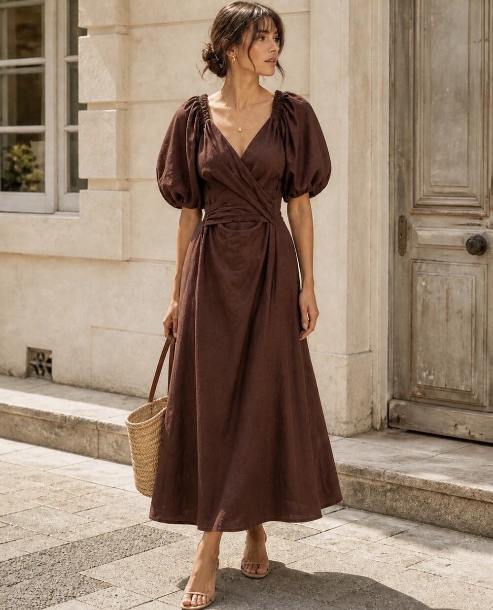 NWT Amalie The Label Linen Blend Puff Sleeve Midi Dress Brn Size 12 Cottage Boho